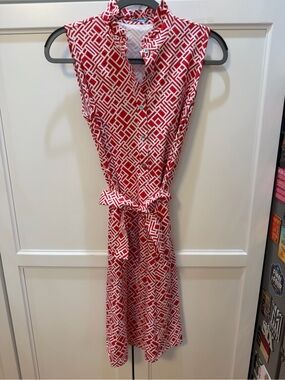 Sleeveless Coral Red and White Ruffle Collar Dress w/ Tie Waist